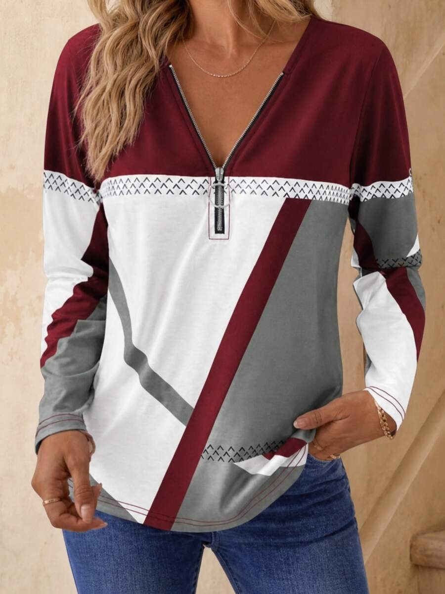 EMERY ROSE Women Casual Autumn/Winter Long Sleeve T-Shirt With Half-Zipper Neckline, Geometric Print Graphic Tees Women Tops For Spring - Multicolor - View 1