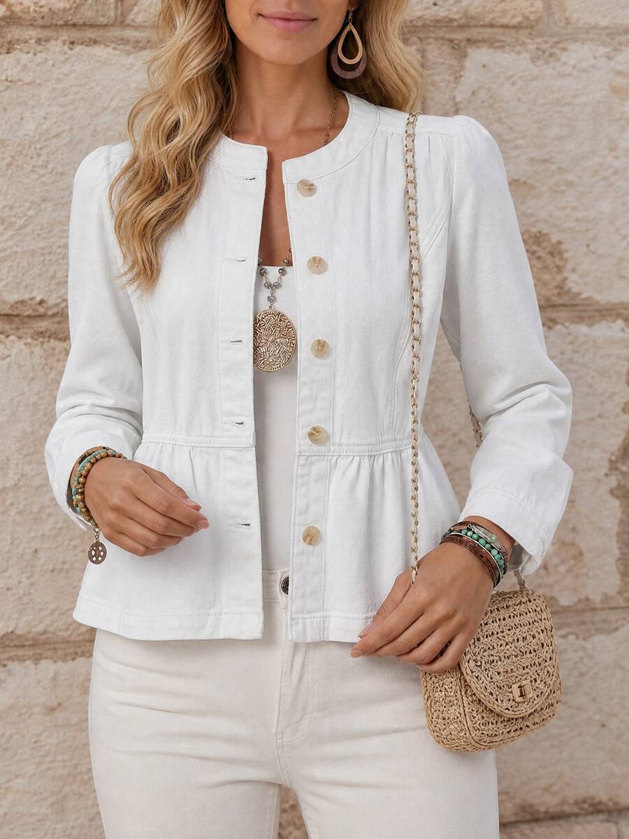 EMERY ROSE Women's Casual Elegant Solid Color Denim Jacket, Spring/Autumn Brunch White - White - View 1