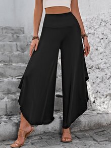 EMERY ROSE Women's Solid Color Asymmetrical Hem Long Pants Fall Cloth For Women - Black - View 4