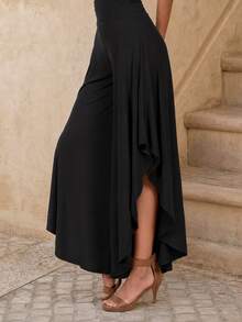 EMERY ROSE Women's Solid Color Asymmetrical Hem Long Pants Fall Cloth For Women - Black - View 1