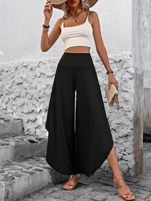 EMERY ROSE Women's Solid Color Asymmetrical Hem Long Pants Fall Cloth For Women - Black - View 5