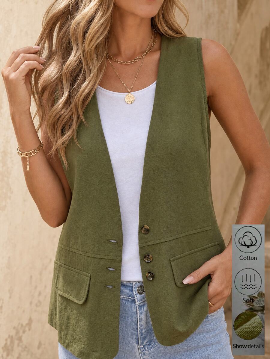 EMERY ROSE Women's Linen & Cotton Blended Vest Jacket With Traceable Cotton Pocket Decoration - Green - View 1