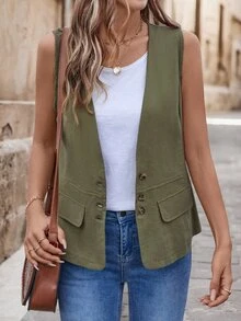 EMERY ROSE Women's Linen & Cotton Blended Vest Jacket With Traceable Cotton Pocket Decoration - Green - View 4