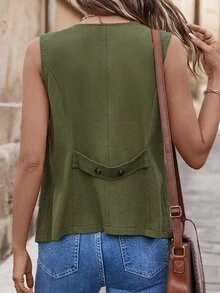 EMERY ROSE Women's Linen & Cotton Blended Vest Jacket With Traceable Cotton Pocket Decoration - Green - View 2