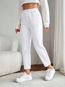 EMERY ROSE Women's Summer Paperbag Waist Straight Leg Jeans - White - View 5