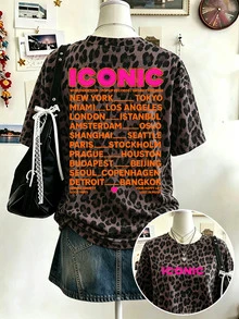 SHEIN LUNE 女款豹紋圓領短袖T恤，正反面 ICONIC 字母世界城市圖案，落肩寬鬆休閒 Y2K 街頭風 - 彩色 - 查看 2