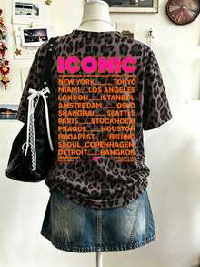 SHEIN LUNE 女款豹紋圓領短袖T恤，正反面 ICONIC 字母世界城市圖案，落肩寬鬆休閒 Y2K 街頭風 - 彩色 - 查看 10