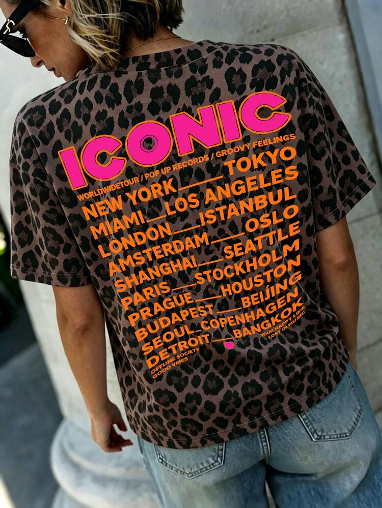 SHEIN LUNE Women Leopard Print Crew Neck Short Sleeve T‑Shirt, Front & Back ICONIC Letter World City Graphic Drop Shoulder Loose Casual Y2K Streetwear - Multicolor - View 11