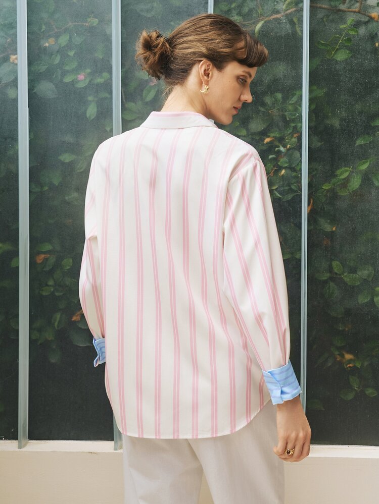 INAWLY Women's Casual Striped Print Patchwork Pocket Long Sleeve Shirt, Suitable For Work, Commute, Vacation, Spring/Autumn - Apricot - View 2