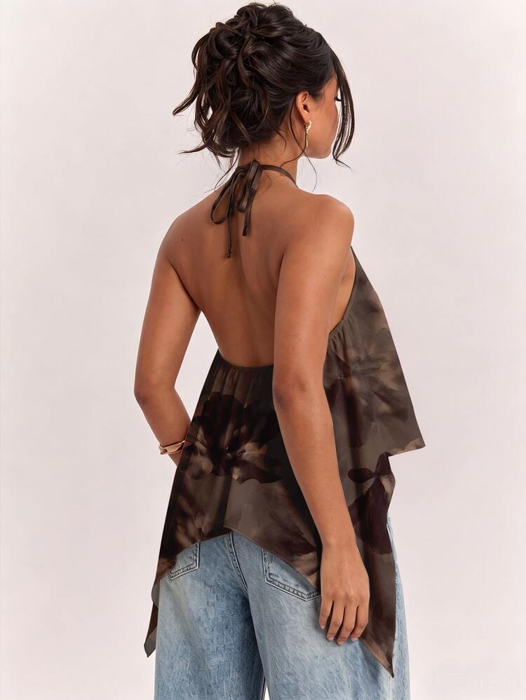 SHEIN BAE Women's Asymmetrical Hem Halter Neck Tank Top, Casual Minimalist Vacation Bohemian Elegant Romantic Vintage Brown Floral Tie-Dye Print Pattern, Women's Autumn Clothing, Autumn Outfit, Women's Commute Outfit, Basic Top, Outing Outfit, Airport Outfit, Music Festival, Beach Outfit, Vacation Outfit, Women's Summer Outfit - Multicolor - View 2