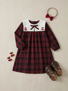 PrepCrw Young Girls' Preppy Style Patchwork Peter Pan Collar, Bowknot, Plaid Long Sleeve Dress - Multicolor - View 1