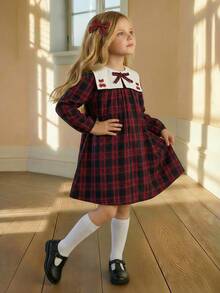 PrepCrw Young Girls' Preppy Style Patchwork Peter Pan Collar, Bowknot, Plaid Long Sleeve Dress - Multicolor - View 3