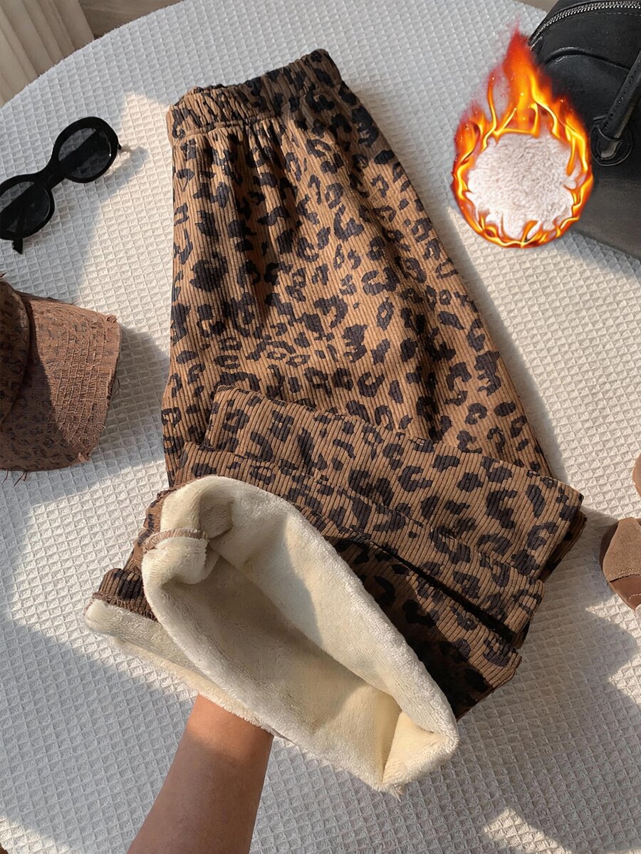Comfortcana Leopard Print Cord Thermal Lined Pants - Multicolor - View 1