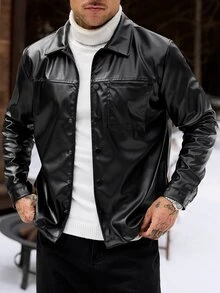 Manfinity CasualCool جاكيت رجالي بأكمام طويلة من البولي يوريثان مع جيوب، مناسب للخريف والشتاء - الأسود - مشاهدة 5