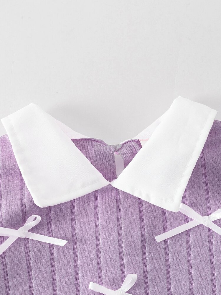 Elladie kids Young Girls' 2pcs/Set Outfit Featuring A Pure White Woven Top With Brushed Rib-Knit Paneling And Slightly Flared Trousers School Autumn - Purple - View 9