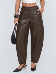 Avantive Celana Kasual Wanita Model Tapered dari Kulit PU Warna Polos dengan Saku - Rust Brown - View 4
