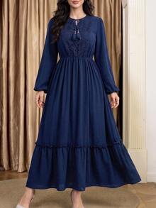Al Najma Women's Solid Color Contrast Lace Tassel Tie Neck Lantern Sleeve Elegant Arabian Dress - Navy Blue - View 5