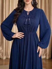 Al Najma Women's Solid Color Contrast Lace Tassel Tie Neck Lantern Sleeve Elegant Arabian Dress - Navy Blue - View 2