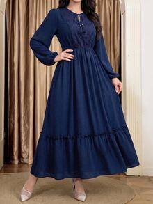 Al Najma Women's Solid Color Contrast Lace Tassel Tie Neck Lantern Sleeve Elegant Arabian Dress - Navy Blue - View 7