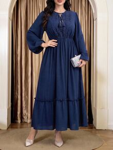 Al Najma Women's Solid Color Contrast Lace Tassel Tie Neck Lantern Sleeve Elegant Arabian Dress - Navy Blue - View 8