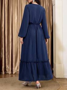 Al Najma Women's Solid Color Contrast Lace Tassel Tie Neck Lantern Sleeve Elegant Arabian Dress - Navy Blue - View 3