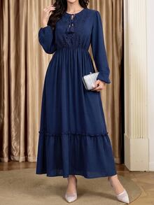 Al Najma Women's Solid Color Contrast Lace Tassel Tie Neck Lantern Sleeve Elegant Arabian Dress - Navy Blue - View 6