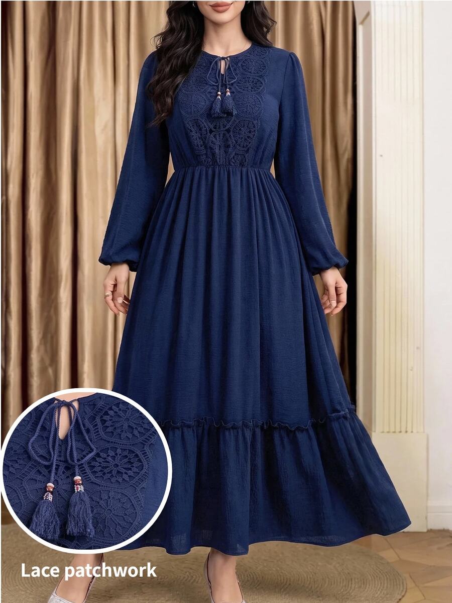 Al Najma Women's Solid Color Contrast Lace Tassel Tie Neck Lantern Sleeve Elegant Arabian Dress - Navy Blue - View 1