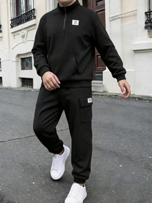 SHEIN 2件組兒童青少年男孩休閒舒適百搭立領半拉鍊套頭衛衣，附貼袋、對比色織標，寬鬆版型運動工裝褲套裝，保暖內裡刷毛厚實面料，適合秋冬 - 黑色 - 查看 5