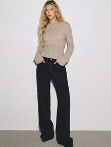 ATUI Studio Women's Solid Color Boat Neck Drop Shoulder Long Sleeve Casual Sweater - Khaki - View 3