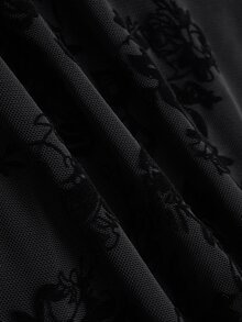 EastFlair Women's Floral Flocked Mesh Frog Button Design Elegant Mid-Length Dress - Black - View 10