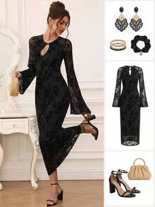 EastFlair Women's Floral Flocked Mesh Frog Button Design Elegant Mid-Length Dress - Black - View 3