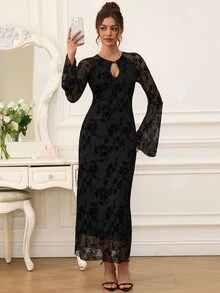 EastFlair Women's Floral Flocked Mesh Frog Button Design Elegant Mid-Length Dress - Black - View 5