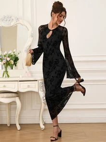 EastFlair Women's Floral Flocked Mesh Frog Button Design Elegant Mid-Length Dress - Black - View 9
