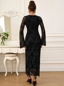 EastFlair Women's Floral Flocked Mesh Frog Button Design Elegant Mid-Length Dress - Black - View 7