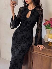 EastFlair Women's Floral Flocked Mesh Frog Button Design Elegant Mid-Length Dress - Black - View 2