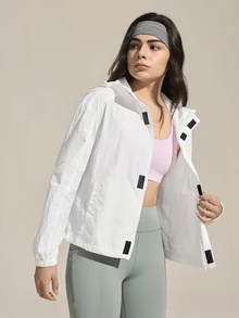 Exploreva Exploreva Women's Solid Color Hooded Outdoor Sun Protection Jacket White Jacket For Women White Zip Up Jacket - White - View 6