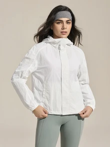 Exploreva Exploreva Women's Solid Color Hooded Outdoor Sun Protection Jacket White Jacket For Women White Zip Up Jacket - White - View 3