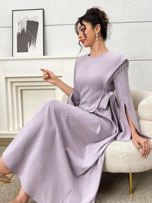 Yasmyna Gaun Arab Vintage Fashion Wanita dengan Hiasan Rumbai dan Belahan di Bagian Bawah - Purple - View 7