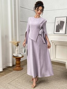 Yasmyna Gaun Arab Vintage Fashion Wanita dengan Hiasan Rumbai dan Belahan di Bagian Bawah - Purple - View 5