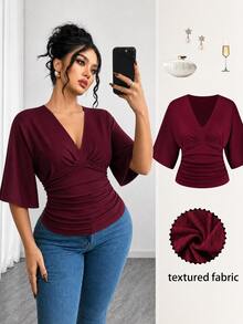 Elenzga Kaos Ukuran Besar Formal Kantor Kencan Malam Formal Pernikahan Formal Merah Marun Musim Panas Kasual Elegan - Burgundy - View 9