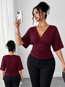 Elenzga Kaos Ukuran Besar Formal Kantor Kencan Malam Formal Pernikahan Formal Merah Marun Musim Panas Kasual Elegan - Burgundy - View 10