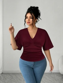 Elenzga Kaos Ukuran Besar Formal Kantor Kencan Malam Formal Pernikahan Formal Merah Marun Musim Panas Kasual Elegan - Burgundy - View 8