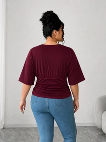 Elenzga Kaos Ukuran Besar Formal Kantor Kencan Malam Formal Pernikahan Formal Merah Marun Musim Panas Kasual Elegan - Burgundy - View 3