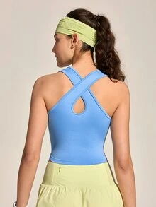 SHEIN Sports 女士无缝户外瑜伽运动背心，交叉后背设计，休闲多功能跑步健身背心 - 藍色 - 查看 6
