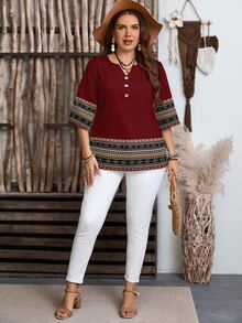 EMERY ROSE Camisa de mujer casual minimalista con base roja, estampado geométrico retro de rayas, manga corta, adecuada para primavera/verano - Multicolor - Ver 6