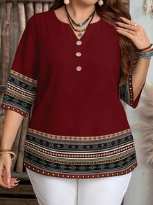 EMERY ROSE Camisa de mujer casual minimalista con base roja, estampado geométrico retro de rayas, manga corta, adecuada para primavera/verano - Multicolor - Ver 5