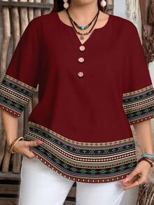 EMERY ROSE Camisa de mujer casual minimalista con base roja, estampado geométrico retro de rayas, manga corta, adecuada para primavera/verano - Multicolor - Ver 8