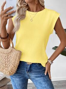 EMERY ROSE Women's Solid Color Round Neck Casual Versatile Daily Wear T-Shirt,Summer Top - Yellow - View 6