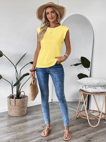 EMERY ROSE Women's Solid Color Round Neck Casual Versatile Daily Wear T-Shirt,Summer Top - Yellow - View 4