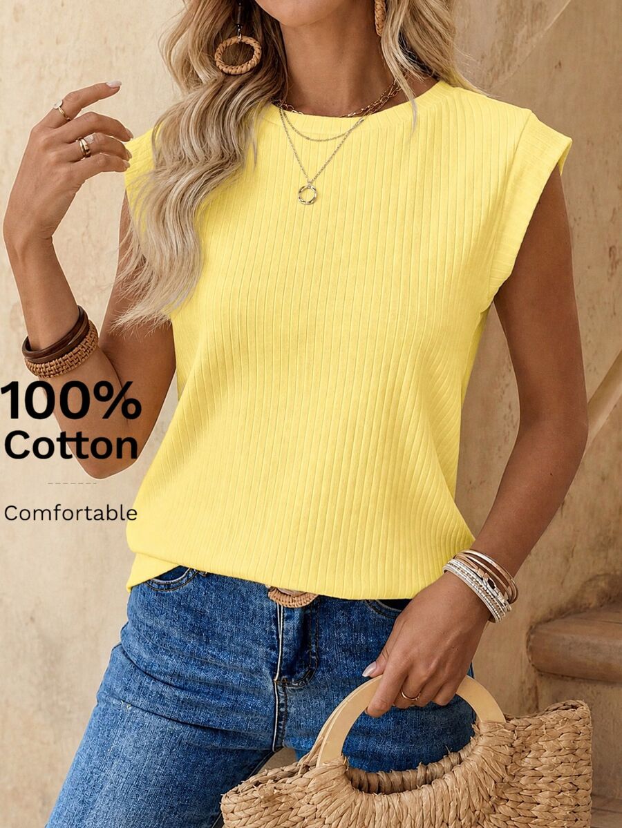 EMERY ROSE Women's Solid Color Round Neck Casual Versatile Daily Wear T-Shirt,Summer Top - Yellow - View 1